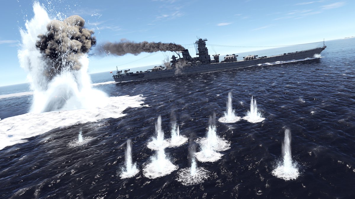 WarThunderJP's tweet photo. 大型アップデート「#NinthWave(ナインスウェーブ)」では、水と光の表面下散乱による波の物理演算を見直し、砲弾の水柱などエフェクト刷新も行い、迫力の変貌を遂げたリアルな大海原へ繰り出そう🌊

▼『War Thunder』：新たな海面＆海戦の視覚効果
https://t.co/OCMcdlzO7g #WarThunder #WarThunder_JP https://t.co/jjhkBIPk9b