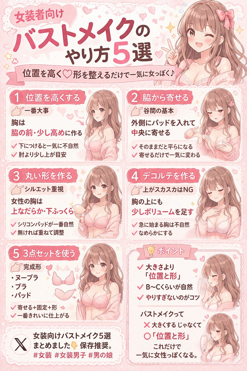 reinainusa's tweet photo. 女装のバストメイクって
❌ 大きくすること
じゃなくて
⭕位置と形

これだけで一気に女性っぽくなる。
✔ 高さを上げる
✔ 脇から寄せる
✔ 丸いシルエット
✔ デコルテを作る
✔ 3点セットで仕上げ

この5つだけで完成度かなり変わる
知らないと損なので
あとで見返せるように保存しておいて◎
#女装 https://t.co/hP9kfYQvSL