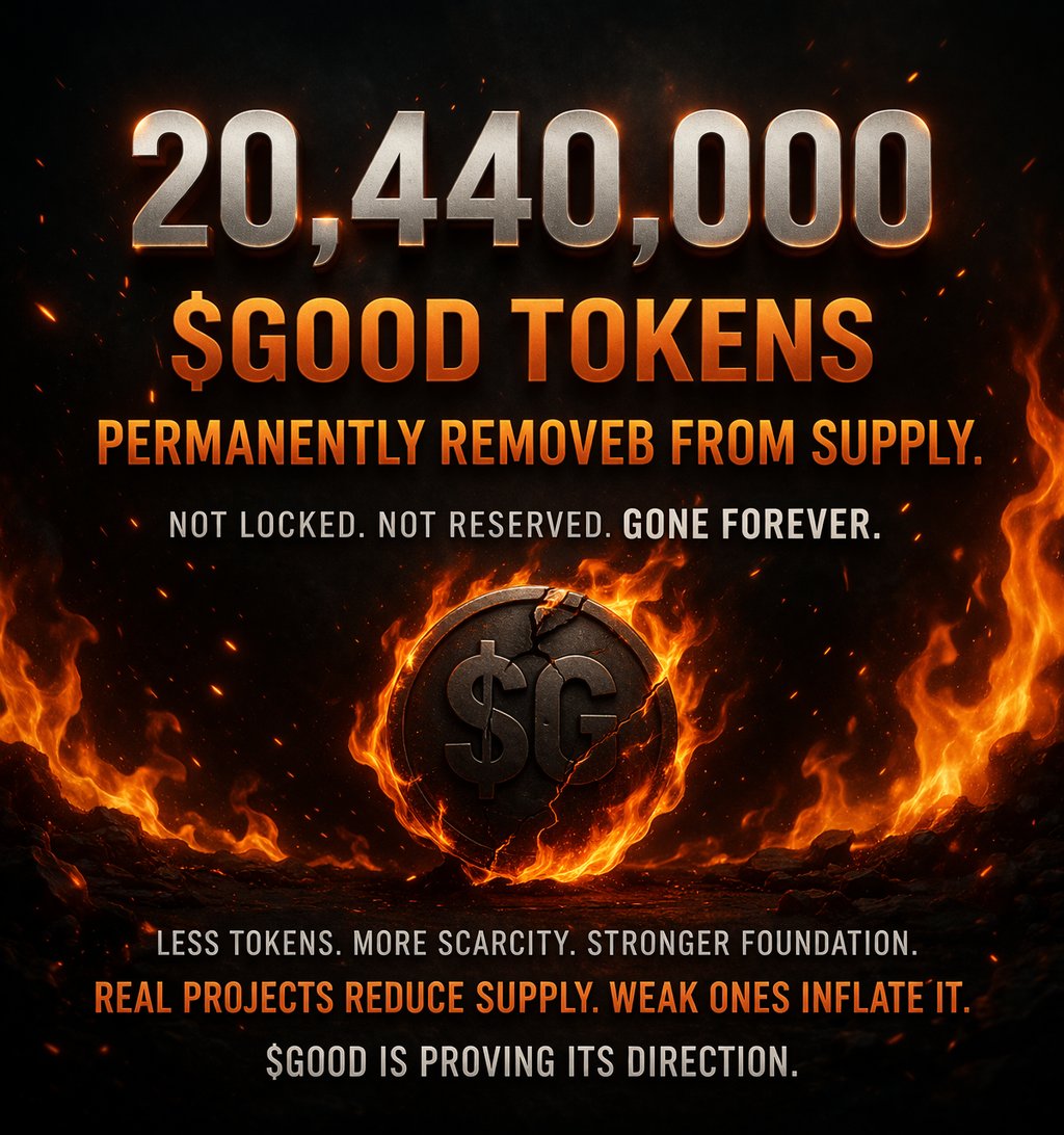 20,440,000 $GOOD TOKENS BURNED 🔥

FOREVER OUT OF SUPPLY.
NO TURNING BACK.

LESS SUPPLY. MORE PRESSURE.
MORE SCARCITY. MORE VALUE.

$GOOD IS GETTING STRONGER.