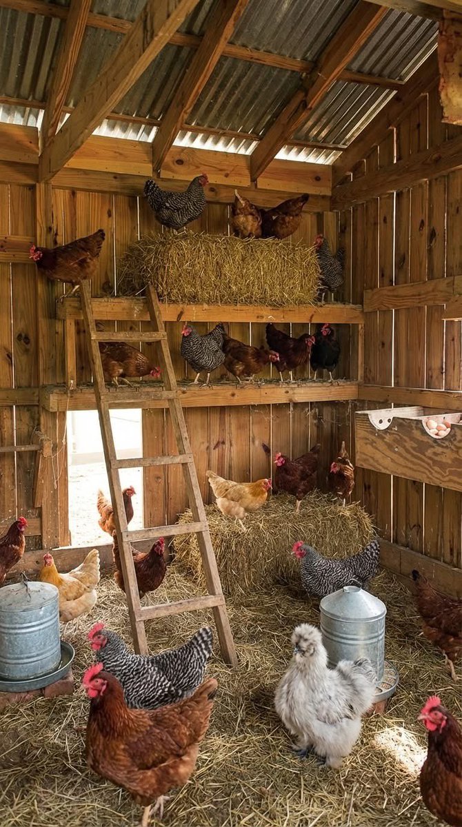 DieudoneHA's tweet photo. Designing a Healthy Chicken Coop: Comfort, Function, and Productivity
This image shows a well-structured wooden chicken coop interior, designed to keep chickens safe, comfortable, and productive. It’s a great example of how simple materials and smart layout can create an ideal environment for poultry.

🐔 Understanding the Coop Layout
The coop is organized into different functional zones:
Ground Area: Where chickens walk, scratch, and socialize
Raised Platforms (Roosting Areas): Where chickens rest and sleep
Upper Section with Hay: A cozy, warm resting or nesting spot
This vertical use of space helps maximize the coop without overcrowding.

🪵 Natural Materials for Better Living
The coop is built mainly from wood, which offers:
Good insulation (warm in winter, cool in )
A natural, stress-free environment for chickens
Easy maintenance and repair
The addition of hay bedding improves comfort and hygiene.

🛏️ Roosting and Sleeping Areas
Chickens naturally prefer to sleep off the ground. In this coop:
Elevated platforms act as roosting spots
Hay provides softness and warmth
Different levels allow chickens to choose their 
This reduces stress and improves overall flock health.

🥚 Nesting and Egg Production
Although not fully visible, coops like this typically include:
Quiet nesting boxes
Soft bedding (straw or hay)
Dim, सुरक्षित corners for laying eggs
A calm environment leads to better egg .

🌬️ Ventilation and Light
The coop allows natural light and airflow:
Gaps and openings prevent moisture buildup
Fresh air reduces disease risk
Light helps regulate egg-laying cycles
Good ventilation is essential for chicken health.

🧼 Cleanliness and Maintenance
The straw-covered floor helps:
Absorb moisture and waste
Reduce odors
Make cleaning easier
Regular cleaning and replacing bedding keep the coop hygienic.

🐓 Why This Setup Works Well
Comfortable and environment
Efficient use of vertical space
Supports natural chicken behavior
Easy to build and maintain
Improves egg production and flock

💡 Tips to Build a Similar Coop
Provide at least 20–30 cm perch space per chicken
Keep nesting boxes lower than roosts
Ensure proper ventilation without drafts
Use removable bedding for easy cleaning
Protect from predators with secure walls and doors

🌿 Final Thought
A good chicken coop is more than shelter, it’s a system that supports health, comfort, and productivity. When chickens feel safe and , they thrive, and so does your farm.