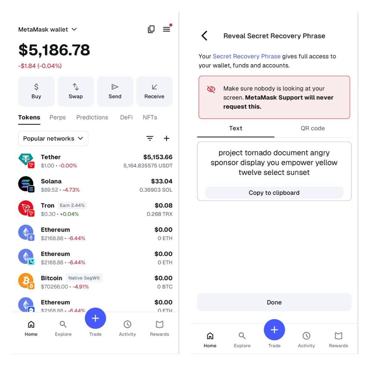 CryptoJulia1992's tweet photo. i got these 5150usdt on metamask wallet and trying to move it but showing this also i have 12 seed phrase:((project tornado document angry sponsor display you empower yellow twelve select sunset ))what is the next move?? #crypto #freeusdt #binance      #okex #metamask https://t.co/AopARIFaGk