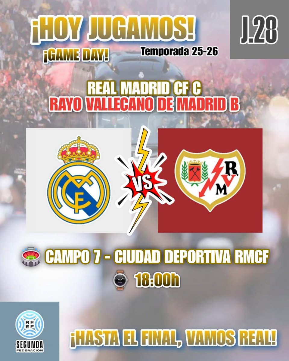 madridiista1902's tweet photo. ⚔️ 𝗥𝗘𝗔𝗟 𝗠𝗔𝗗𝗥𝗜𝗗 𝗖𝗙 𝗖
 📆 ¡ℍ𝕆𝕐 𝕁𝕌𝔼𝔾𝔸 𝔼𝕃 ℂ!  
⌚ 18:00h 
⚽️ @lafabricacrm 🤍🤍 #LaFábrica
🆚 @RayoVallecano 𝗕 🔴⚪
🏆 #SegundaFederación 𝗝𝗼𝗿𝗻𝗮𝗱𝗮 𝟮𝟴
🏟 𝗖𝗮𝗺𝗽𝗼 𝟳 𝗖𝗶𝘂𝗱𝗮𝗱 𝗗𝗲𝗽𝗼𝗿𝘁𝗶𝘃𝗮 𝗥𝗠𝗖𝗙
📲 #𝗛𝗮𝗹𝗮𝗠𝗮𝗱𝗿𝗶𝗱🤍 https://t.co/tH807gO6VP