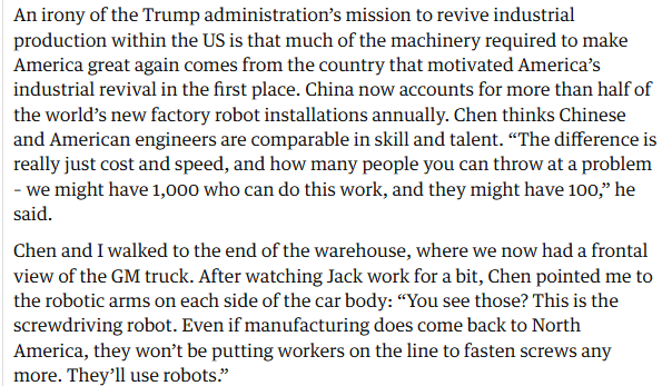 Thowsyne's tweet photo. "Even if manufacturing does come back to North America, they won’t be putting workers on the line to fasten screws any more. They’ll use robots.”"

https://t.co/ID2Wj9u3aG https://t.co/JDFji4jSmM
