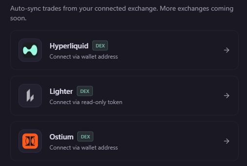 loggrtrade's tweet photo. New Feature Alert: 

Auto-sync your trades from @HyperliquidX @Lighter_xyz   &amp; @ostium 

Just connect your wallet address (or read-only token for Lighter) and Loggr automatically imports and journals all your trades crypto, forex, commodities, stocks

Auto-syncs every 4 hours https://t.co/7jXFu14vw3