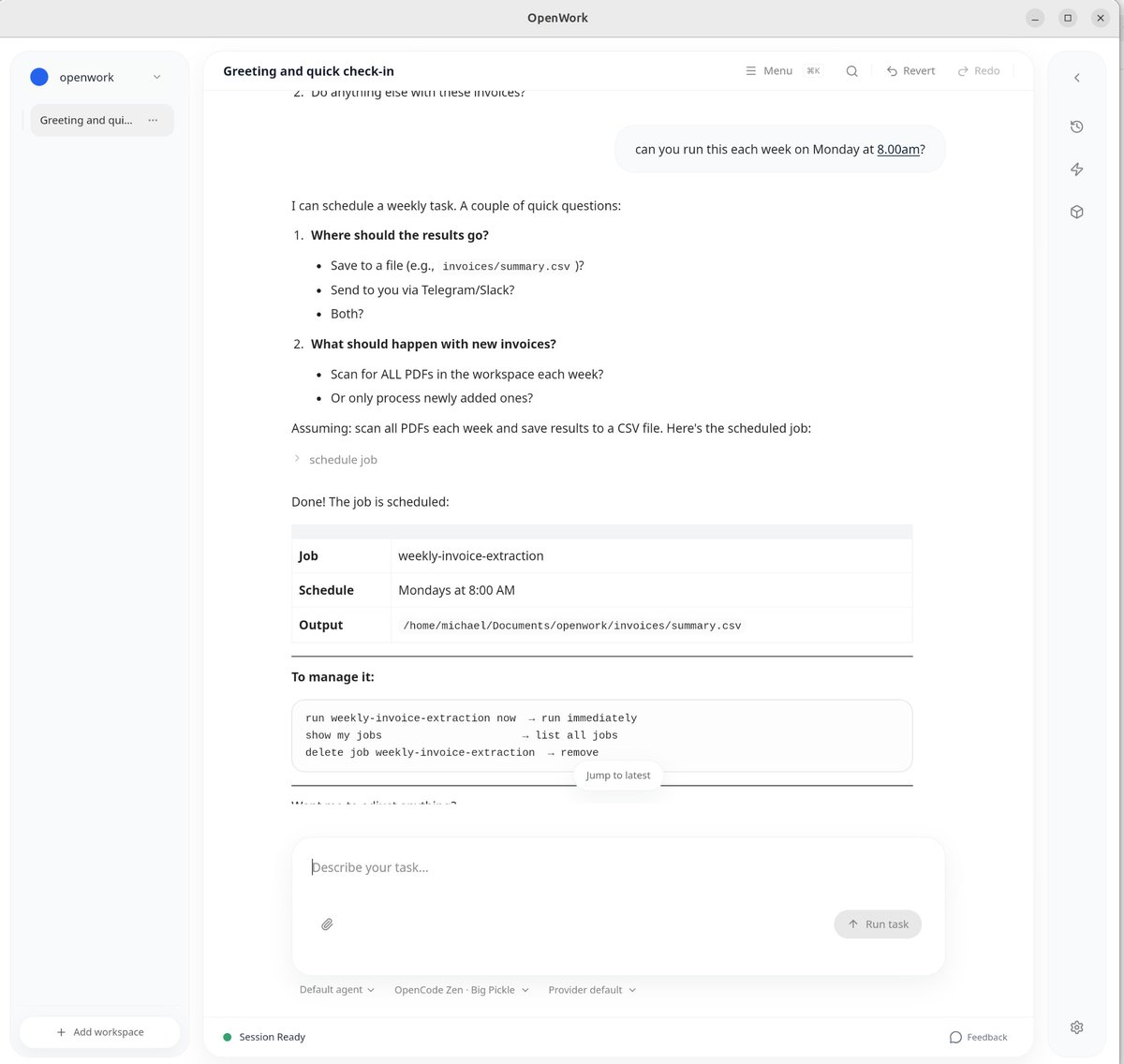 mcmueller's tweet photo. If you want an alternative to Claude Cowork that allows you to use models of you choosing Openwork seems like a good solution,  Runs on Windows, Mac and unlike Claude Desktop also Linux.  And yes it has scheduling. https://t.co/yNsk1xIOtA https://t.co/nRm08fSOWK