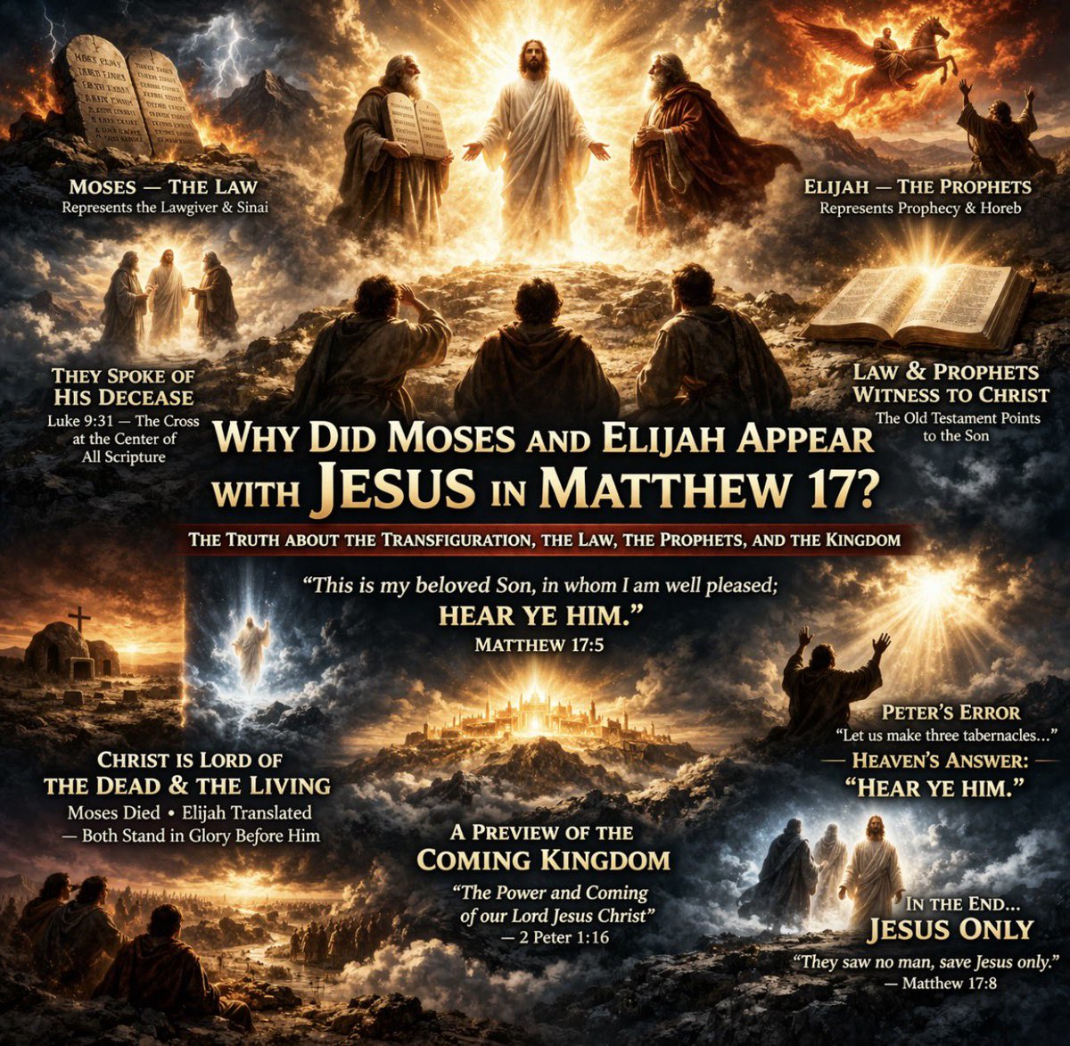 TNTJohn1717's tweet photo. Why Did Moses and Elijah Appear With Jesus in Matthew 17? The Truth About the Transfiguration, the Law, the Prophets, and the Kingdom

The Transfiguration is one of those passages that immediately tells you whether a man is going to let the Bible teach him or whether he is going to drag the Bible into some private theory and make it serve his imagination. Matthew 17 is not there to entertain people with mystical fog, science-fiction speculation, or half-baked ideas about timeline hopping. It is there to reveal Jesus Christ. That is the first rule. If a man comes to the passage and comes away more impressed with Moses, Elijah, prophetic riddles, dimensional travel, or internet video theories than he is with the glory of the Son of God, he has already missed the center of the chapter. The Father did not interrupt Peter on that mountain so people could build side theories for clicks. The Father interrupted Peter to say, “This is my beloved Son, in whom I am well pleased; hear ye him” (Matt. 17:5). That is the point around which the whole event turns.

Now that does not mean the details do not matter. They matter a great deal. The question of why Moses and Elijah appear is an important one. The fact that they appear with Christ is not random. The fact that one died and was buried by the Lord, while the other never died but was taken up, is not random. The fact that Luke says they “spake of his decease which he should accomplish at Jerusalem” (Luke 9:31) is not random. The fact that the event takes place in glory before three chosen disciples is not random. The fact that Peter later calls it a preview of “the power and coming of our Lord Jesus Christ” (2 Pet. 1:16) is not random. Everything in the account is packed with doctrinal, prophetic, and dispensational weight. But the weight is biblical weight, not imaginative weight. You do not need to invent a timeline machine when the Holy Ghost has already told you what the event is about.

The safest and strongest way to approach this passage is to let Scripture interpret Scripture. Moses and Elijah appear with Jesus in glory. The disciples see a preview of kingdom manifestation. The Father exalts the Son above all other voices. The Law and the Prophets stand there, but they do not remain the center. “When they had lifted up their eyes, they saw no man, save Jesus only” (Matt. 17:8). That is the mountain-top lesson. Moses matters, Elijah matters, prophecy matters, Scripture matters, but Christ is above them all. So if someone asks whether Jesus was talking to Moses in his Exodus 19 timeline and to Elijah in his 1 Kings 19 timeline, the answer is that the Bible does not say that, and the event does not need that theory to make sense. What the Bible does say is strong enough. Moses and Elijah appeared with Him in glory, spoke of His coming death, and together they formed part of a revelation that pointed to Christ’s supremacy and the certainty of His coming kingdom.

1. The Transfiguration Is First About the Glory of Jesus Christ

The first thing to settle is that Matthew 17 is not primarily a Moses passage or an Elijah passage. It is a Christ passage. “And was transfigured before them:and his face did shine as the sun, and his raiment was white as the light” (Matt. 17:2). The center of the event is not two men from the Old Testament showing up for a cameo. The center is the unveiled glory of the Son of God in a form the disciples could bear for a moment. What they saw on that mountain was not Christ becoming something He had never been. They saw a temporary manifestation of what had always been true in His Person, glory that had been veiled in His humiliation and now flashed forth before chosen witnesses. The point is not that Moses and Elijah are spectacular. The point is that Jesus Christ is.

That is why Peter later interprets the event the way he does. He says, “For we have not followed cunningly devised fables, when we made known unto you the power and