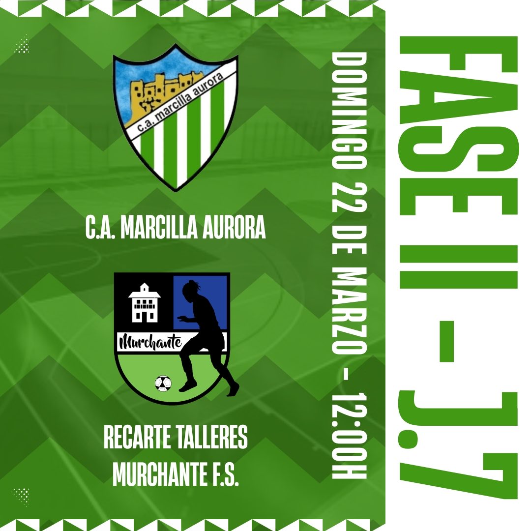 🔹▫️Fase II - J.7▫️🔹

👥 C.A. Marcilla Aurora 🆚 Recarte Talleres Murchante F.S.

 🗓 Dom. 22 mar.
🕦 12:00h.
📍Marcilla

#RecarteTalleres #Liga #Fase2