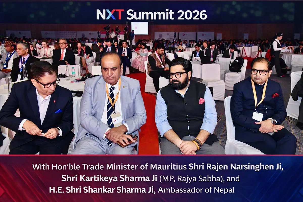 NXT Summit 2026 — with Shri Rajen Narsinghen Ji, Shri Kartikeya Sharma Ji (MP, Rajya Sabha) and H.E. Shri Shankar Sharma Ji, Ambassador of Nepal.

#NXTSummit2026 🇮🇳 #IndiaMauritius 🇮🇳🇲🇺 #IndiaNepal 🇮🇳🇳🇵