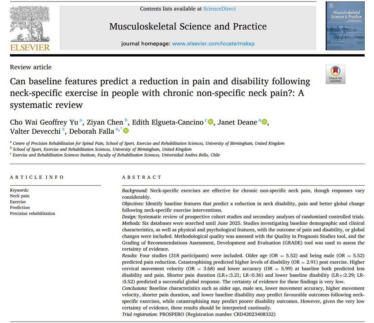 MSKPhysioJnl's tweet image. Can we predict who will respond to neck-specific exercise? 👀
This systematic review buff.ly/dbhT7uE suggests some clues, but stronger evidence is still needed. #NeckPain #PrecisionRehab #Physiotherapy #PainResearch