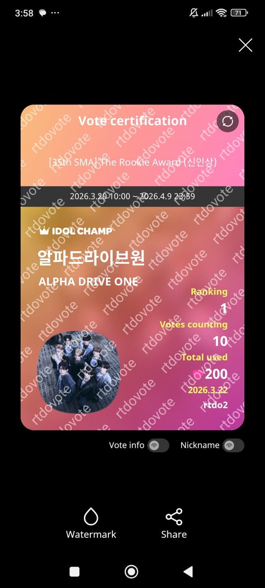 rtdovote's tweet photo. RT DEAL COMPLETED 🎉
Congrats! 200 ❤ for #ALPHADRIVEONE on Idol Champ - SMA Rookie Award
Thank you all for participating~ 🫶
#rtdo_proofs https://t.co/IVfuo5oVpq