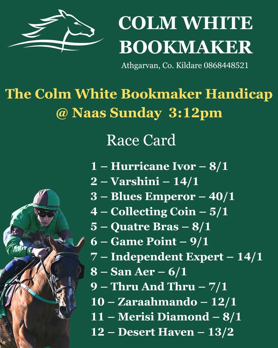 NaasRacecourse's tweet photo. โญ๏ธ #FlatIsBack at Naas this afternoon and our sponsor @bookieboy123 has some early prices for The Colm White Bookmaker Handicap going to post at 3.12pm๐ https://t.co/F3aXYV92PK