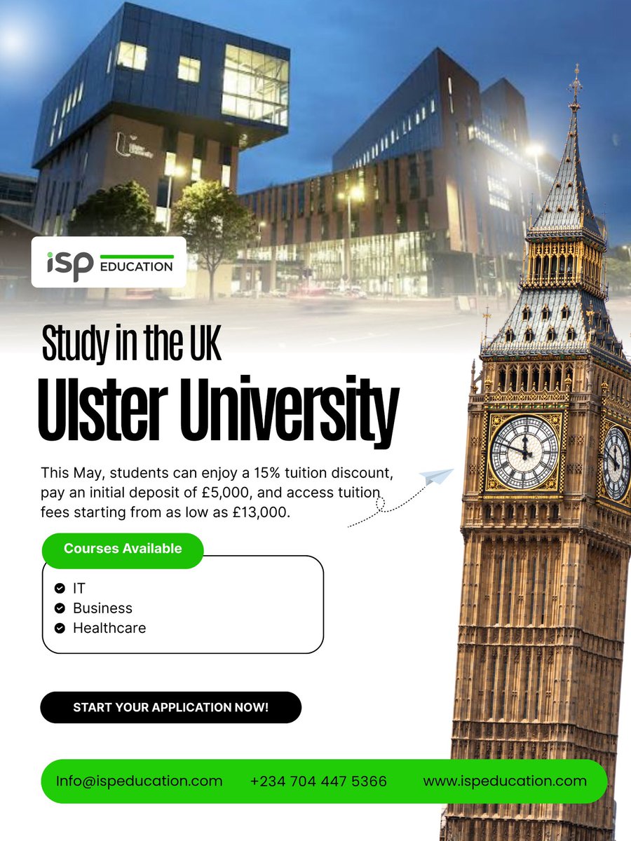 IspEducation's tweet photo. Ulster University is a popular choice for international students seeking quality education at a more affordable cost.

Applications are open for the April / May intake.

Strong employability, strong value.

#UlsterUniversity #AprilIntake #StudyInUK #StudyAbroadNigeria https://t.co/QoCQNCGugO