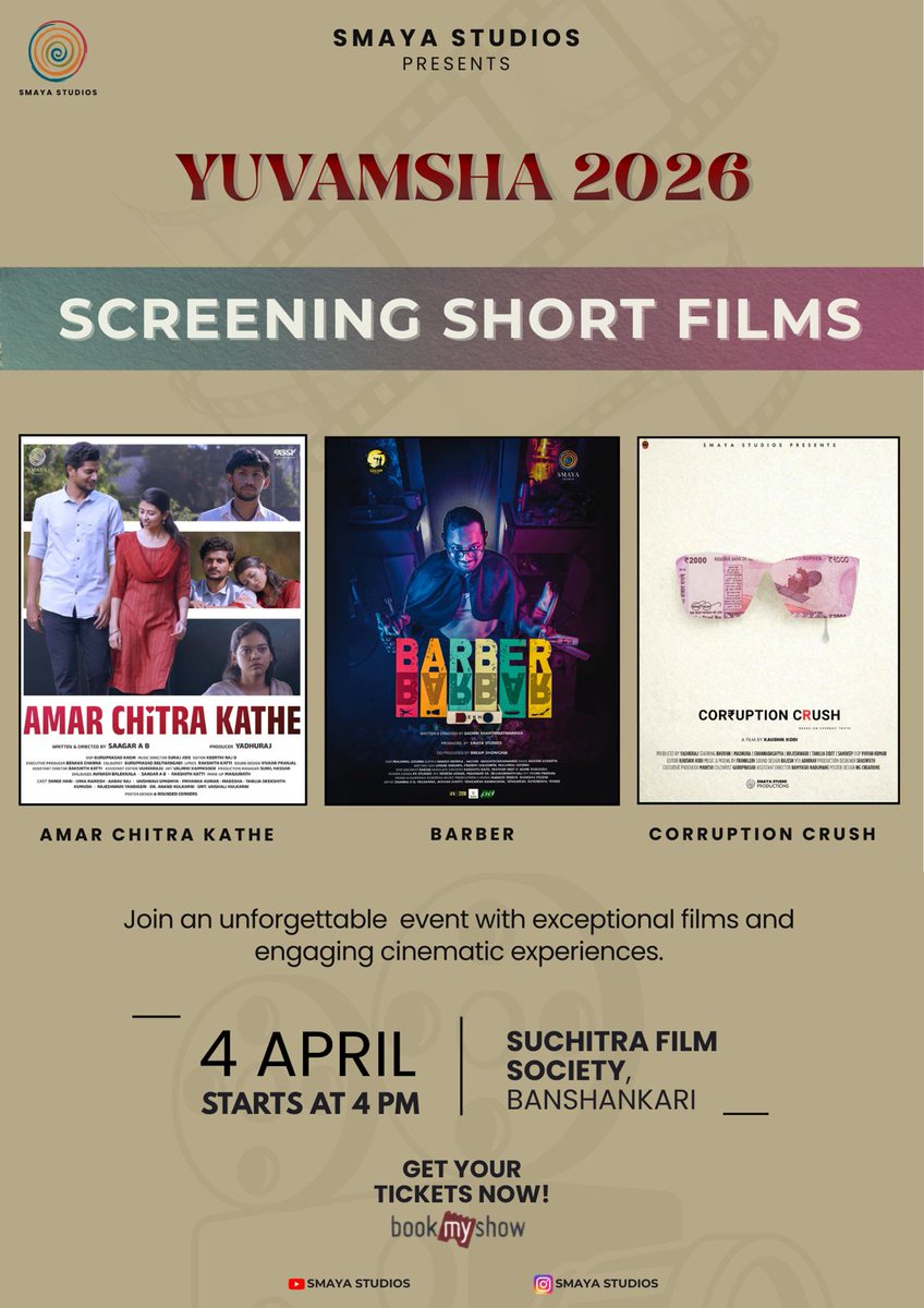 shantidayananda's tweet photo. 🎬 Short Film Screening – April 4th 2026, We’re excited to invite you to a special evening of cinema! Join us on April 4th from 4 PM onwards at Suchitra for an exclusive screening of three unique short films.Come experience powerful storytelling, fresh perspective https://t.co/pt5VQAO7JQ