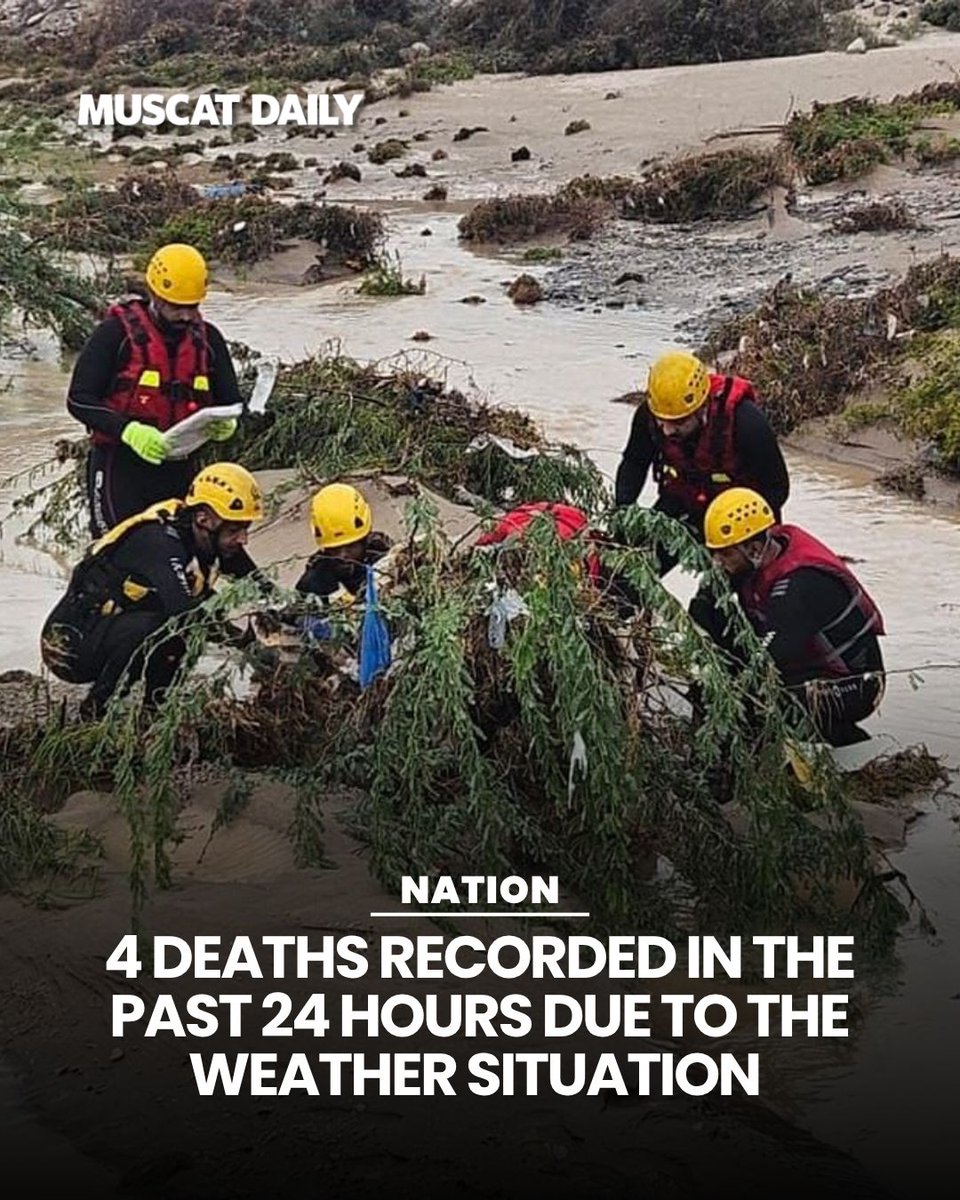 muscat_daily's tweet image. The National Committee for Emergency Management has confirmed four deaths resulting from the "Al Masarrat" weather system over the past twenty-four hours. Incidents in South Batinah involved vehicles being swept away by surging wadis in Wadi Maawal and Barka. 

#EmergencyResponse