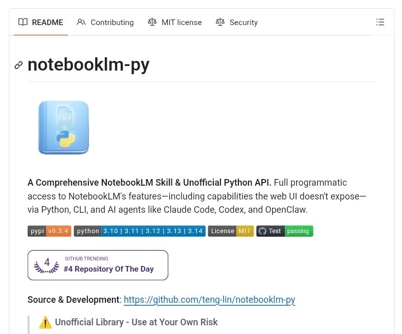 guillaume_rygn's tweet photo. Si vous avez loupé il y a un gars qui a détourné notebookLM de Google pour l'utiliser en API 👀

Imaginez juste branché à un agent via OpenClaw par exemple le ravage que ça peut faire et surtout c est GRATUIT ! 

Je mets le lien du repo en dessous 👇 https://t.co/AcptIZ4s49