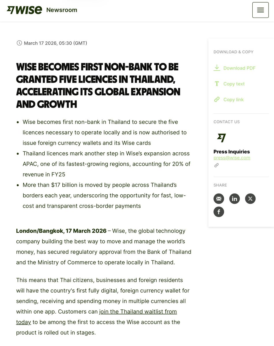 ข่าว Wise เพิ่มเติมครับ 

ปลายเดือน ก.พ. ที่ Wise ได้โพสในเว็บว่าเตรียมเปิดบริการในไทย 19 พ.ค. ล่าสุดหน้าเว็บดังกล่าวถูกถอดออกไปแล้ว

ช่วงนี้เข้าเว็บ Wise บ่อยครับ ตกใจตอนกดลิงค์เดิมแล้วเจอรูปประแจ Sorry, looks like we lost this page.

คุณพรี่ <a href="/Wise/">Wise</a> ยังแผนเดิมอยู่ม้ายย