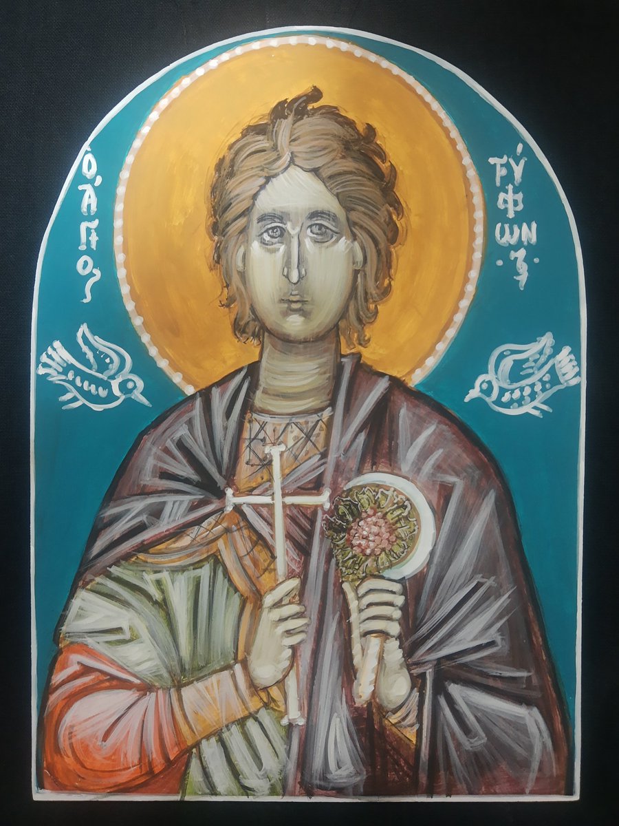 Sveti mučenik Trifun , 28 x 20 , lipa , kombinovana tehnika . Via...
"  Tada pronađoše  u Frigiji , u seli Кampsadi , sedamnaestogodišnjeg mladića  Svetog Trifuna gde kraj jezera čuva guske , koji dobi odozgo veliku i silnu vlast nad nečistim dusima..." .