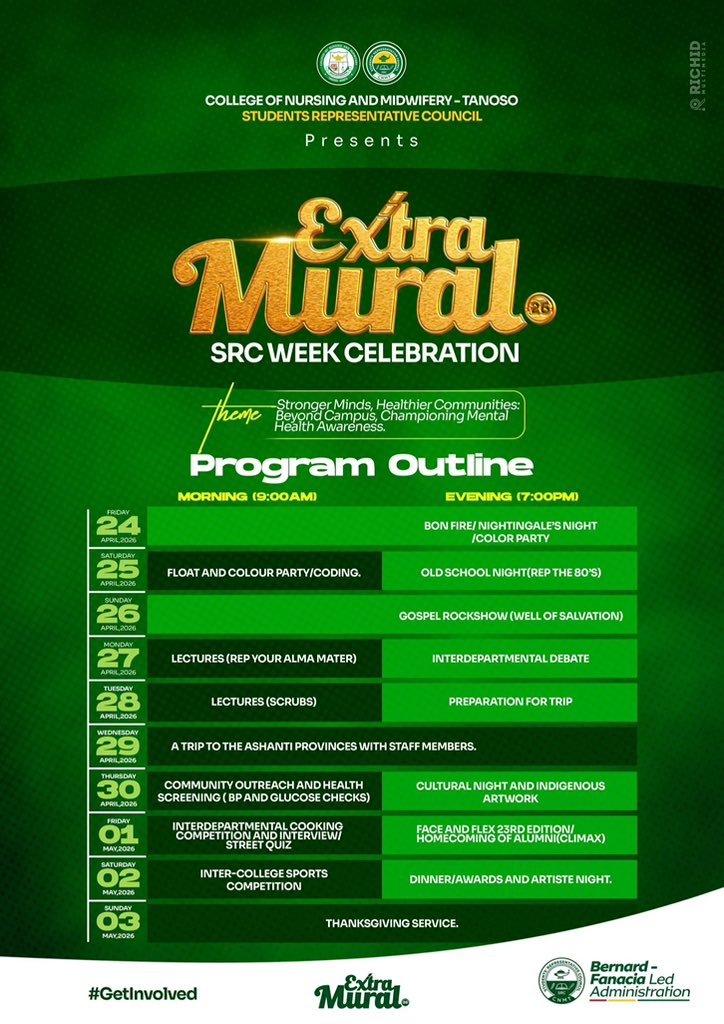 Conm_TanosoSrc's tweet photo. 🎉 IT’S HERE! 🕺
The SRC WEEK CELEBRATION “Extra Mural 26” lineup is out! 🌟
Theme: “Stronger Minds, Healthier Communities 🌈
📅 Save the dates! #SRCWeekExtraMural26
#Bernard and Fanacia led Administration
#famousSRC🔥🔥🔥🇬🇭 #famousSRC🔥🔥🔥🇬🇭 #we♥cnmt #SRCWeek2026 https://t.co/OWgGvzg2QL