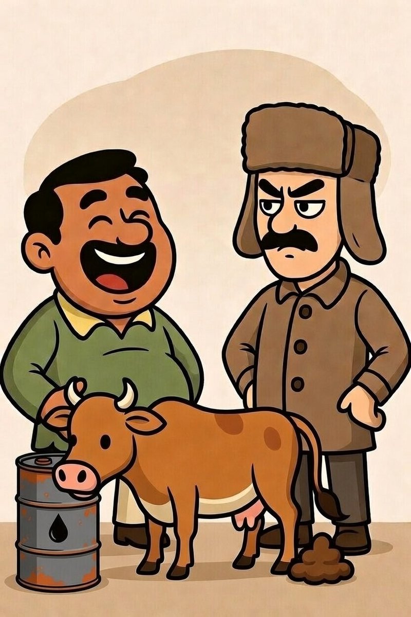 Indian man with an oil barrel laughs at an angry-looking Russian, while a cow deposits poop at the Russian's feet