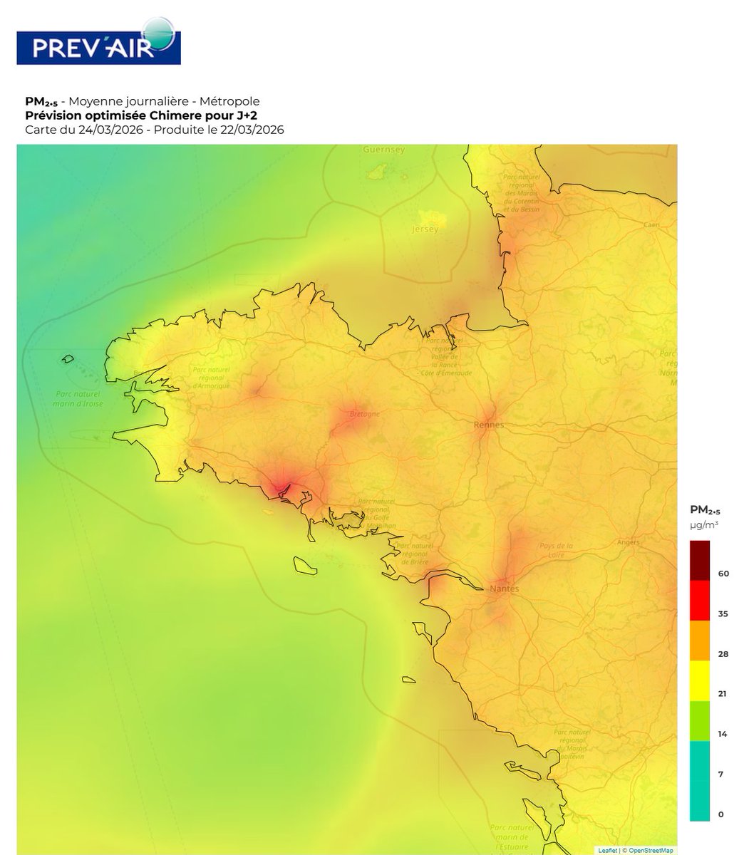 Temps_Breton's tweet image. #Pollution 🔴🏭 Nous restons concernés par un épisode de pollution aux particules fines. Il faudra attendre la journée de mercredi pour entrevoir une amélioration avec une dispersion des polluants favorisée par le retour du flux océanique.
🔎 PrevAir - PM2,5 moyenne
#Bretagne
