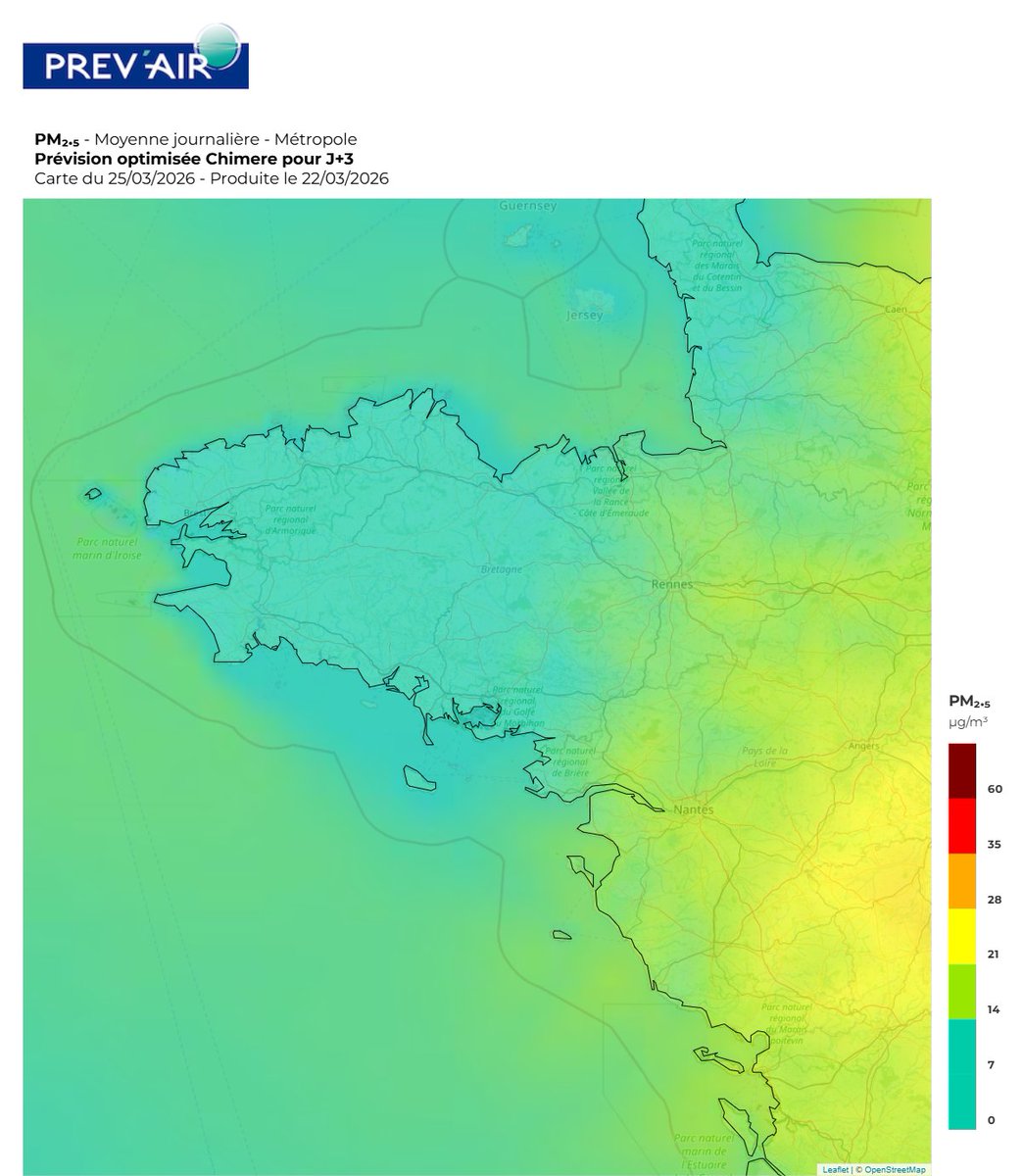 Temps_Breton's tweet image. #Pollution 🔴🏭 Nous restons concernés par un épisode de pollution aux particules fines. Il faudra attendre la journée de mercredi pour entrevoir une amélioration avec une dispersion des polluants favorisée par le retour du flux océanique.
🔎 PrevAir - PM2,5 moyenne
#Bretagne