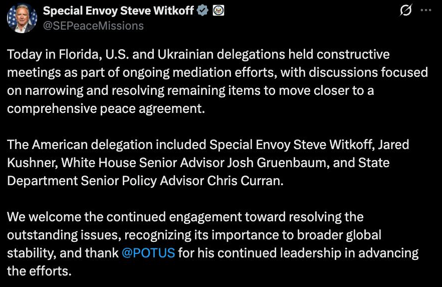 RTenfrancais's tweet photo. 🟢 Steve Witkoff a annoncé des pourparlers #constructifs avec une délégation ukrainienne.

« Aujourd’hui, en Floride, les délégations américaine et ukrainienne ont tenu des réunions constructives dans le cadre des efforts de médiation en cours.  » https://t.co/uRfRbPYj3B