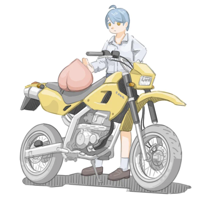 川原で遊んでたら大きな桃を手に入れた女子です。 (スズキ 250SB)【再掲】 #バイクJK #イラスト
