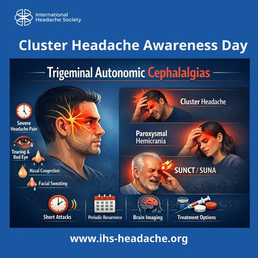 hyderabaddoctor's tweet image. Cluster Headache Awareness Day

Not all headaches are the same…
Some strike in seconds, others last for hours, but all share one pathway.

Welcome to the world of Trigeminal Autonomic Cephalalgias (TACs).

🔸Cluster Headache: Headache lasts for 15–180 min;    1-8 attacks can