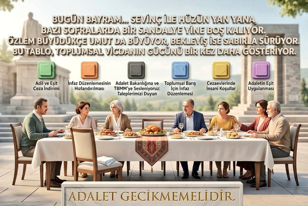 <a href="/abakingurlek/">Akın Gürlek</a> Bugün bayram… kalabalıkların içinde bile hissedilen bir eksiklik var. Sessizlik, bekleyiş ve özlem aynı anda yüreklere dokunuyor. Eksik sandalye, bir hasretin en görünür hali oluyor. TCK 158 ve TCK 142 kapsamında uzlaşma imkânı, bu özlemleri azaltacak bir adım olarak görülüyor.