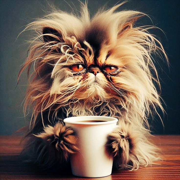 aloumae's tweet photo. A grumpy cat with tangled fur, 
eyes tired from the day.
Clutching warmth in a fragile cup, 
like worries kept at bay.
Each sip a silent promise 
that tomorrow might be kind.
Though bills and doubts and endless tasks,
still linger in the mind. https://t.co/L8xqFFct0J