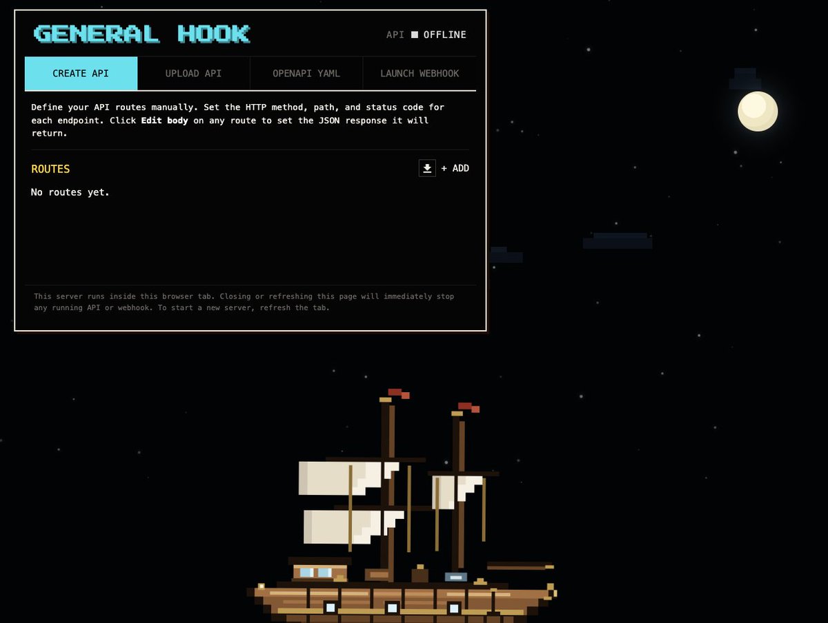 LiamMKTN's tweet photo. General Hook: a 100% free-forever API endpoint and webhook tester for devs that runs in-browser via BrowserPod for Node.js (a Wasm virtualization of Node). Bonus: pirate things, ocean sounds for nautical vibes. https://t.co/xSZ9aYPyhF https://t.co/RwPrkmaReI