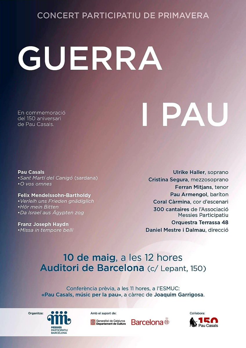#Concert de #primavera
#guerraipau
10de maig
Al <a href="/auditoribcn/">L'Auditori</a>