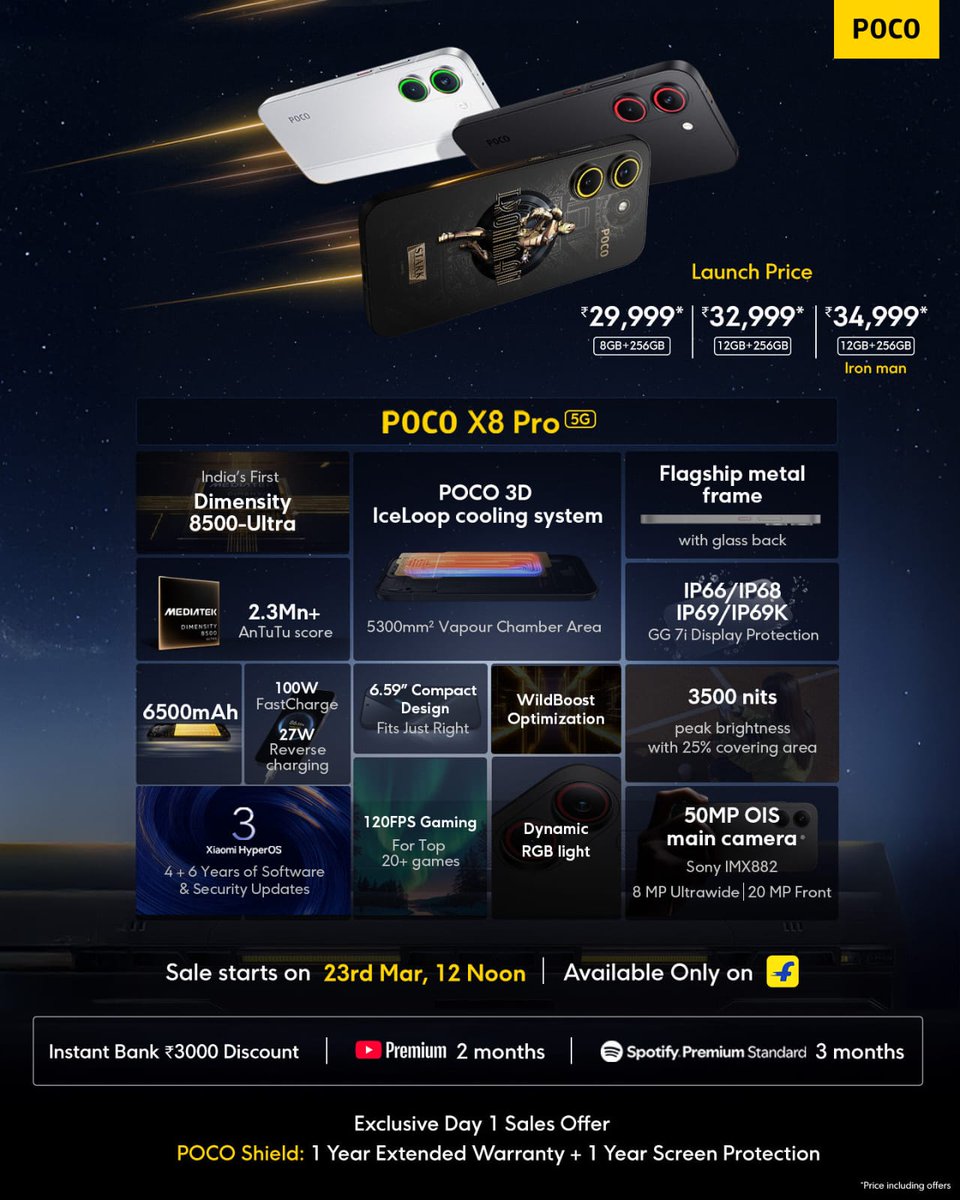 Krishnendu_1997's tweet photo. Tomorrow at 12 PM get ready to buy #POCOX8Pro🔥
⚡ Massive 6500mAh battery 🔋 + 100 watt fast charge
⚡ Powered by Dimensity 8500 Ultra 🔥 
⚡ Ultra-smooth 120FPS gaming ⏩ 
⚡ 50MP OIS camera 📸 
Starts at 29,999 only 💪
@Iamnil7 @IndiaPOCO @Huilgol @KenSekhar #POCO #Flipkart https://t.co/T3qzQAkMB2