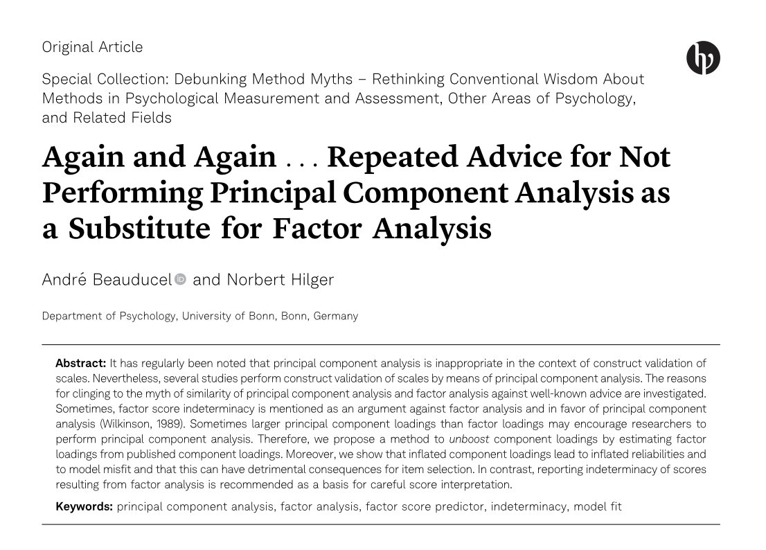 ReneProyer's tweet photo. First paper out of our special article collection series @PTAD_journal on debunking myths in #assessment and #measurement: "Repeated Advice for Not
Performing Principal Component Analysis as
a Substitute for Factor Analysis." https://t.co/tR9f7WBG74 https://t.co/VJ6vb5umvL