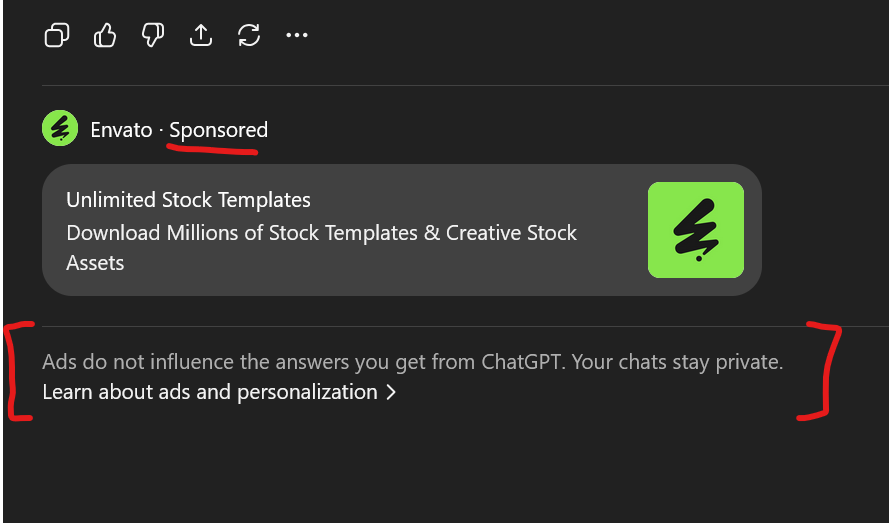 markuiux's tweet photo. ChatGPT now displaying ads? 💀💀💀 https://t.co/RzvD8kVE5o