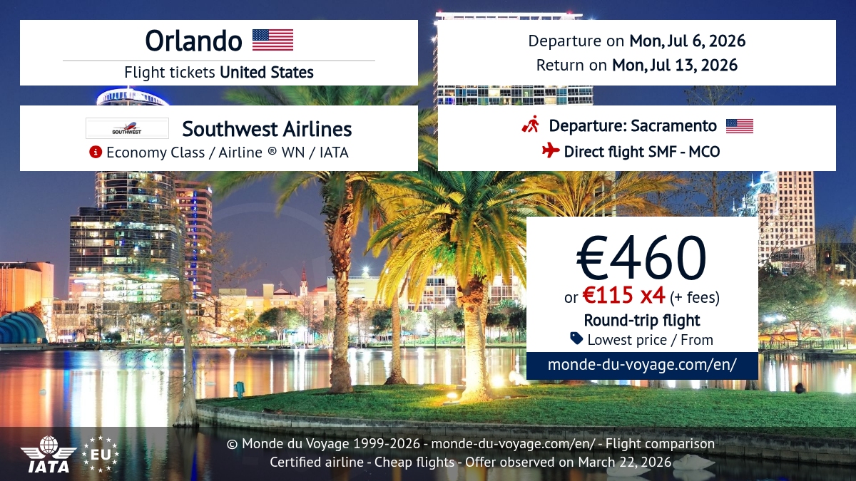 Monde_du_Voyage's tweet image. ✈️ Round-trip Orlando from Sacramento with Southwest Airlines, non‑stop, from just 460€ 🤩 Cheap flight, promo deal &amp;amp; discount fare + secure payment in 3X or 4X 💳 #CheapFlights #FlightDeal #Orlando #Sacramento #Southwest #Travel2026 monde-du-voyage.com/en/united-stat…