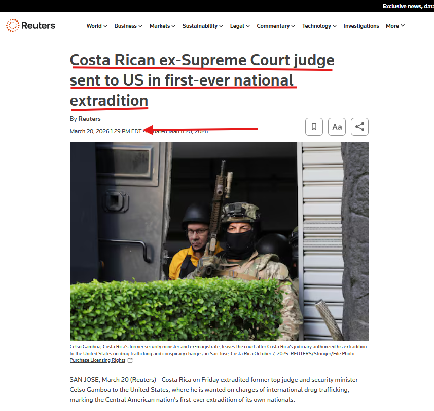 🤔Costa Rica just crossed a line you don’t cross unless the system is being forced open.

A former Supreme Court judge and former security minister was extradited to the United States on drug trafficking charges in what Reuters says is Costa Rica’s first-ever extradition of one