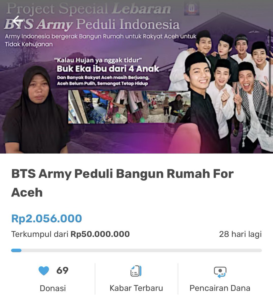 BtsarmyPeduli's tweet photo. Pak 🥲 Maaf kami BTS Army Indonesia Peduli tidak memberikan sebuah bentuk penghinaan, Gerakan kami bersama @kitabisacom karena kami peduli, jangan sampai bapak terkecoh bahwa aceh sudah pulih

Donasi Bangun Rumah for Aceh:
https://t.co/TIUGxmZj85

#btslive #BTS_ARİRANG #arirang https://t.co/9SDEnbUsdE