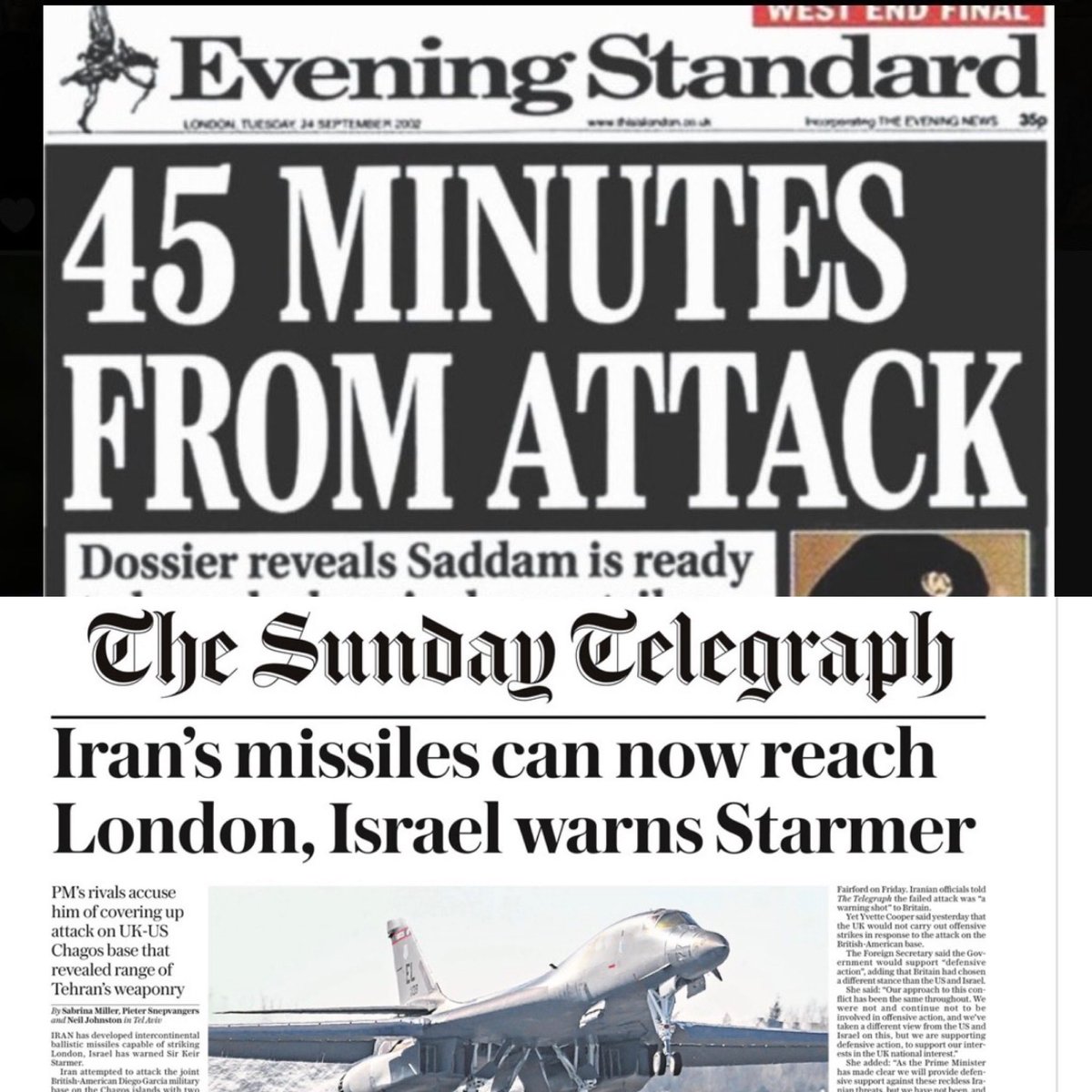 ‘Britain now 45 minutes from obliteration at the hands of Iran’

Which is curious since this was the same schtick being peddled 14 years ago, and probably long before that too 

It’s almost like it’s a tried and trusted playbook from a bad faith actor… to nobody’s surprise