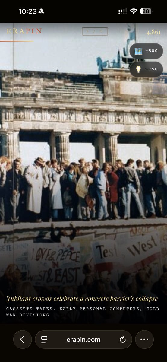 Yesterday’s EraPin reveal: Berlin, 1989. The night the wall came down. How close did you get? erapin.com #EraPin #History #Berlin #DailyQuiz #HistoryMeetsGeography #Hiography