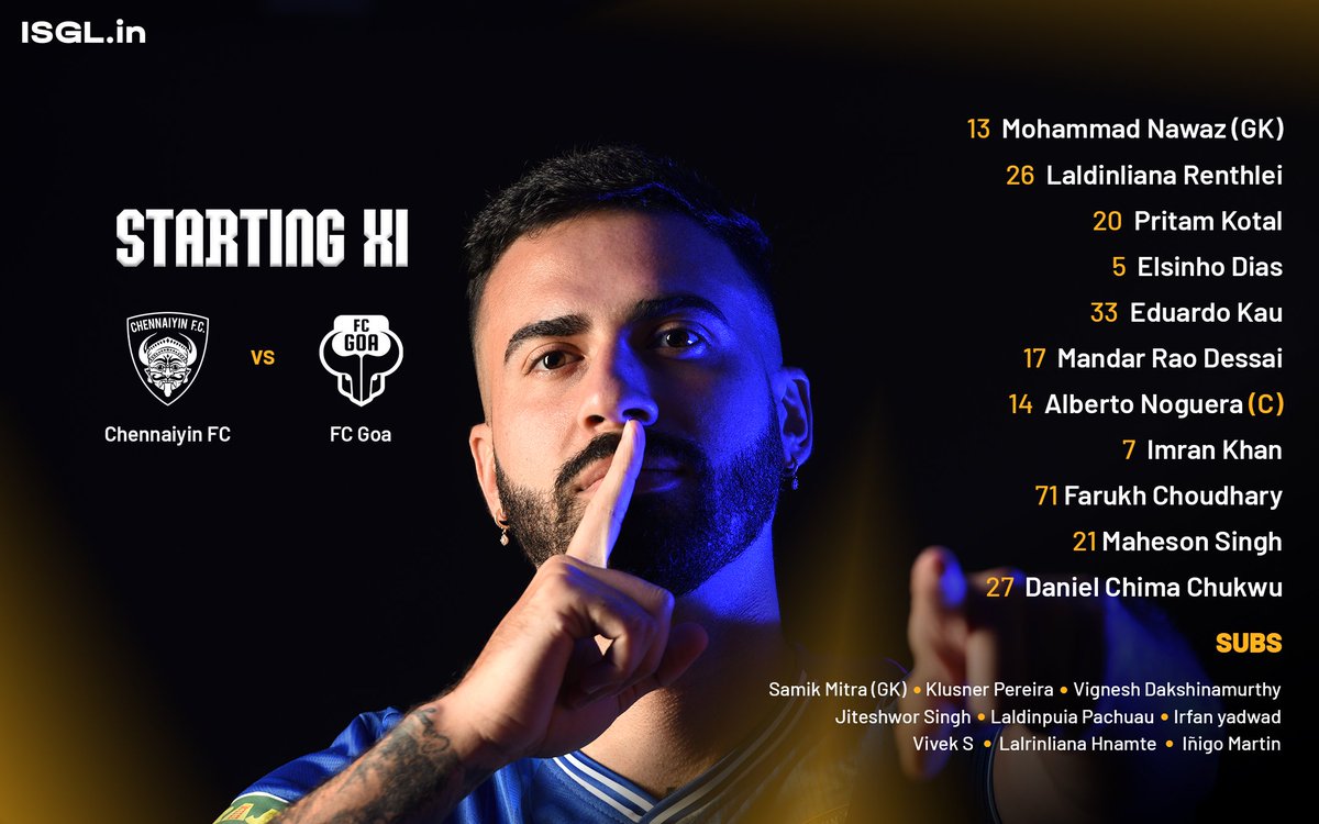 ChennaiyinFC's tweet photo. First home game. Here’s our XI 👊

Watch #CFCFCG live from ISL Season 12, only on @FanCode. ⚽

#ISL12 #AllInForChennaiyin https://t.co/IoXF33Ofdk