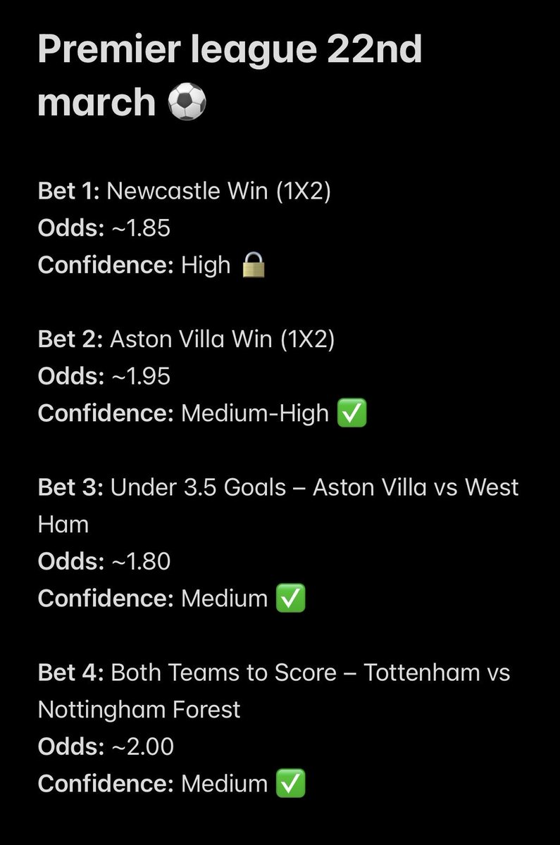 memeshly's tweet photo. Premier league bets 22nd march 

Had a great day yesterday💰 
hoping for one again today 🤞

⚠️ football is unpredictable anything can  happen. Bet responsibly! 🎲

#sportsbettingtips #FootbaBetting #premierleague #football https://t.co/eO0zoVNjBe