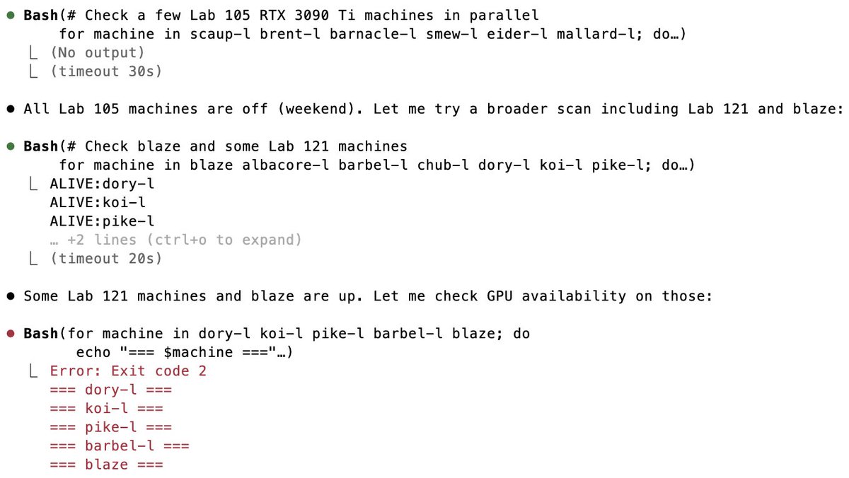 0oj4m1t's tweet photo. wrote a skill to find me free GPUs on UCL's CS network and schedule my ML experiments on them. strictly fair usage only. https://t.co/iJCU4OZYiL