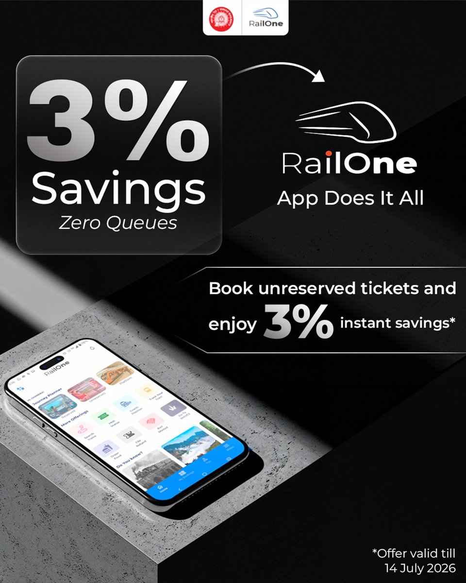 drm_mb's tweet image. Digital booking is made more rewarding with #RailOneApp, offering 3% instant savings on unreserved tickets. Offer valid till 14 July 2026.