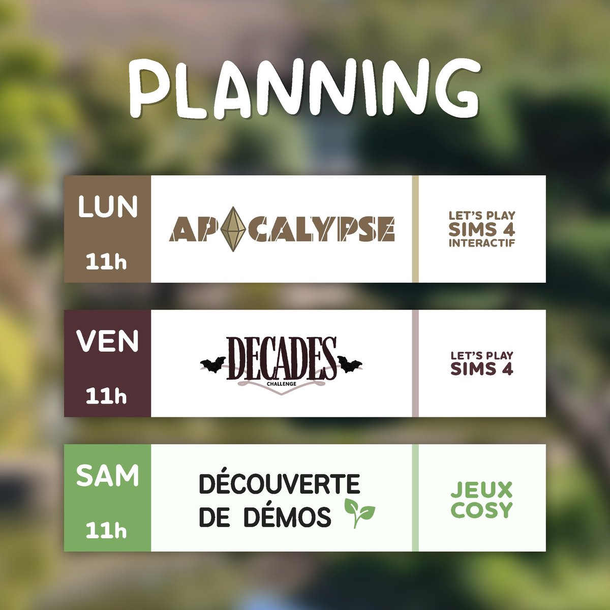 Semaine du 23 au 29 mars ☀️
Lundi 11h : Apocalypse (gameplay interactif)
Vendredi 11h : Decades Vampires
Samedi 11h : Découverte de démos de jeux
•••