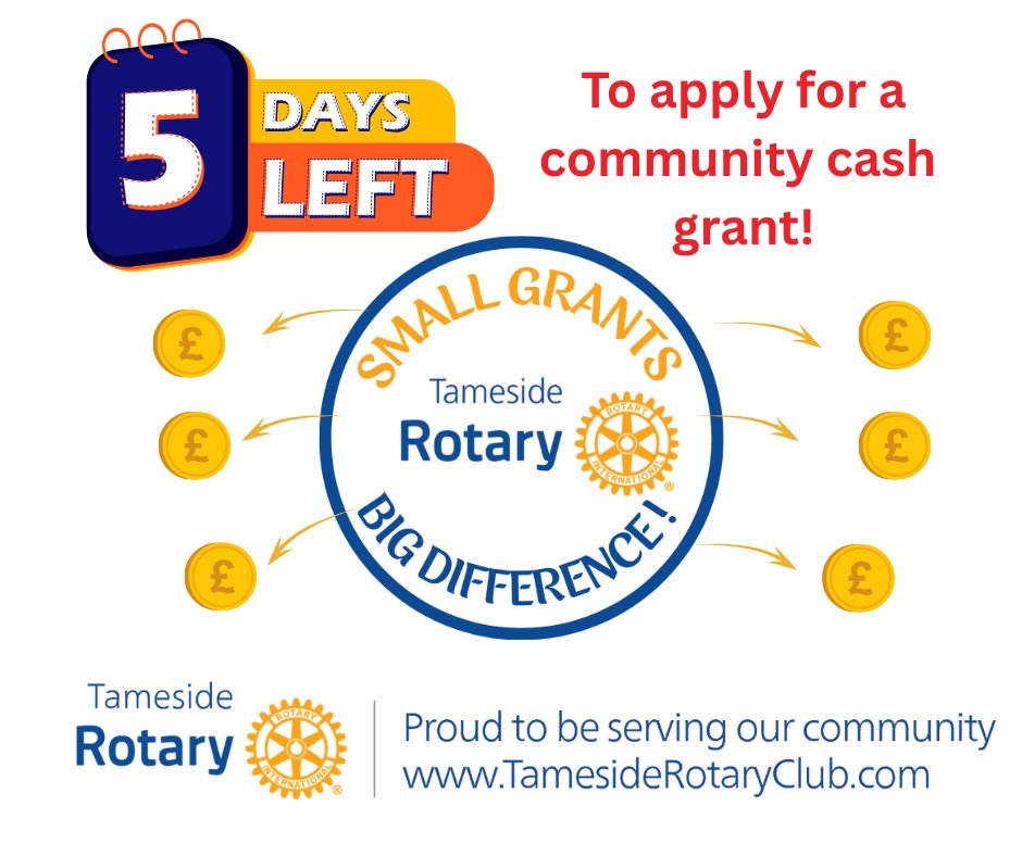 Tamesidebeerfes's tweet photo. Just 5 days left to apply for a community cash award from Tameside Rotary. More details on https://t.co/bJtJtIqPbI https://t.co/jzEsbWD2gM