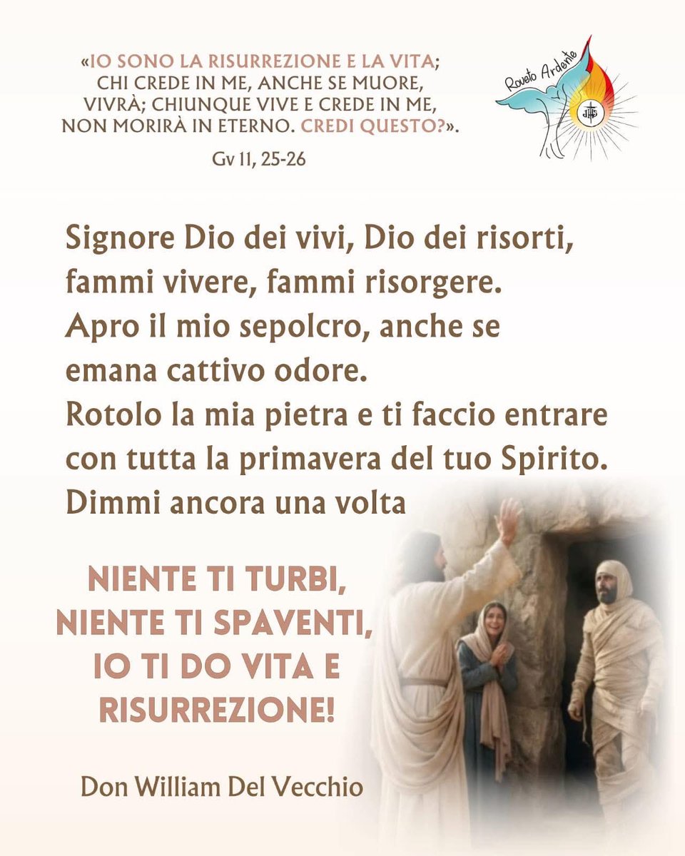 💜 V Domenica di Quaresima 💜
Gesù è vita e risurrezione: anche nei nostri sepolcri interiori può entrare la luce. Apriamo il cuore, togliamo la pietra, e lasciamo rinascere la speranza. “Nulla ti turbi: io ti do vita!” 🔥✨ #Quaresima #Vangelo