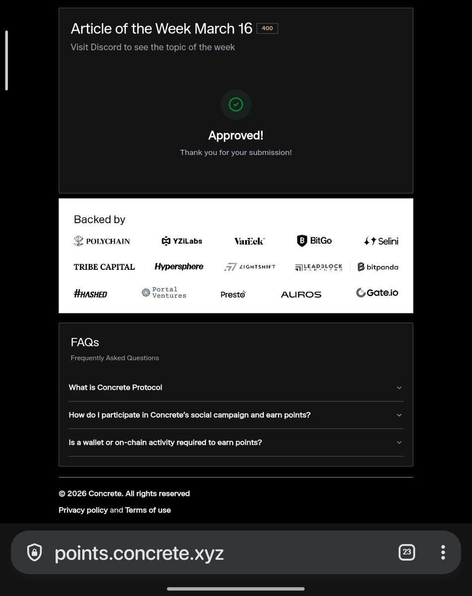 Wow I've finally made it 
My article writing got approved <a href="/ConcreteXYZ/">Concrete</a> after the second trial hahaha 🤣
All thanks for mentor <a href="/Andrechukwu14/">0xAndre</a> Idolo I've finally made it thanks for always encouraging me