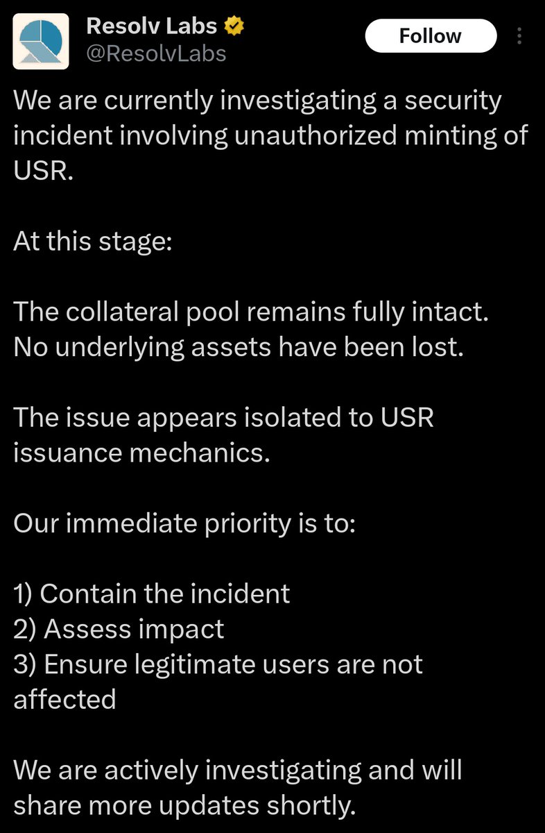 Weiyu320169's tweet image. 🚨： $RESOLV  实验室遭遇攻击
80M 未担保的USR已铸造
他们正在调查，抵押品是安全的，但强烈建议暂时避免与Resolv资产的所有交易/互动
保持安全，直到进一步更新，不要触碰它

#hacking