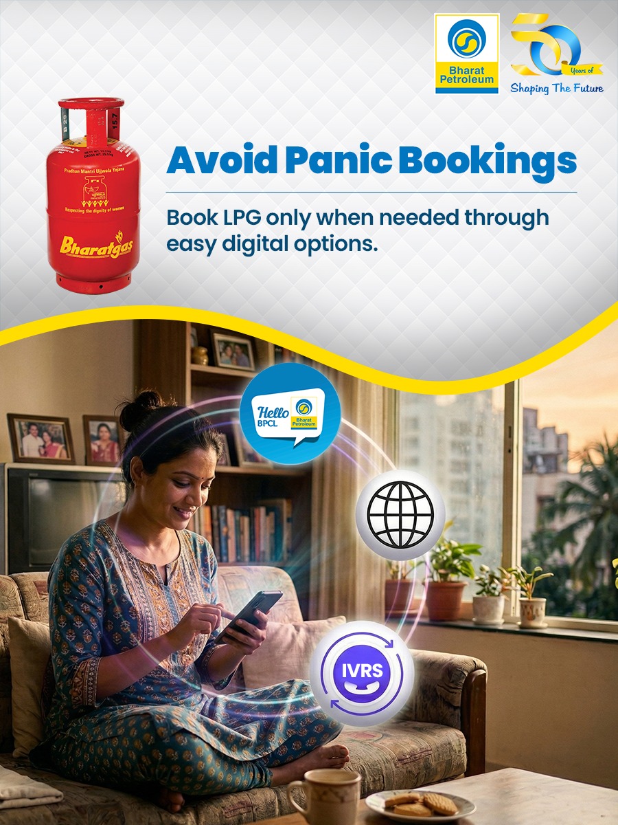 BPCLimited's tweet photo. Book your LPG refill only when it is genuinely required, so that cylinders can reach every household in a timely and organised manner. By using simple digital options such as HelloBPCL App, IVR or WhatsApp, you can place a secure booking from home without crowding centres or making multiple follow‑up calls.

Responsible, need-based booking helps maintain a smooth, uninterrupted LPG supply for all.
@HardeepSPuri @PetroleumMin @Secretary_MoPNG 
#LPG #Bharatgas #BookWhenNeeded #DigitalBooking #ResponsibleUse